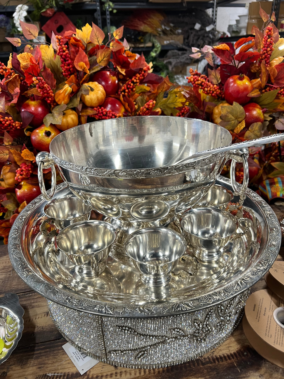 Vintage Silver-Plated Punchbowl with 12 Cups,  Tray and Ladle