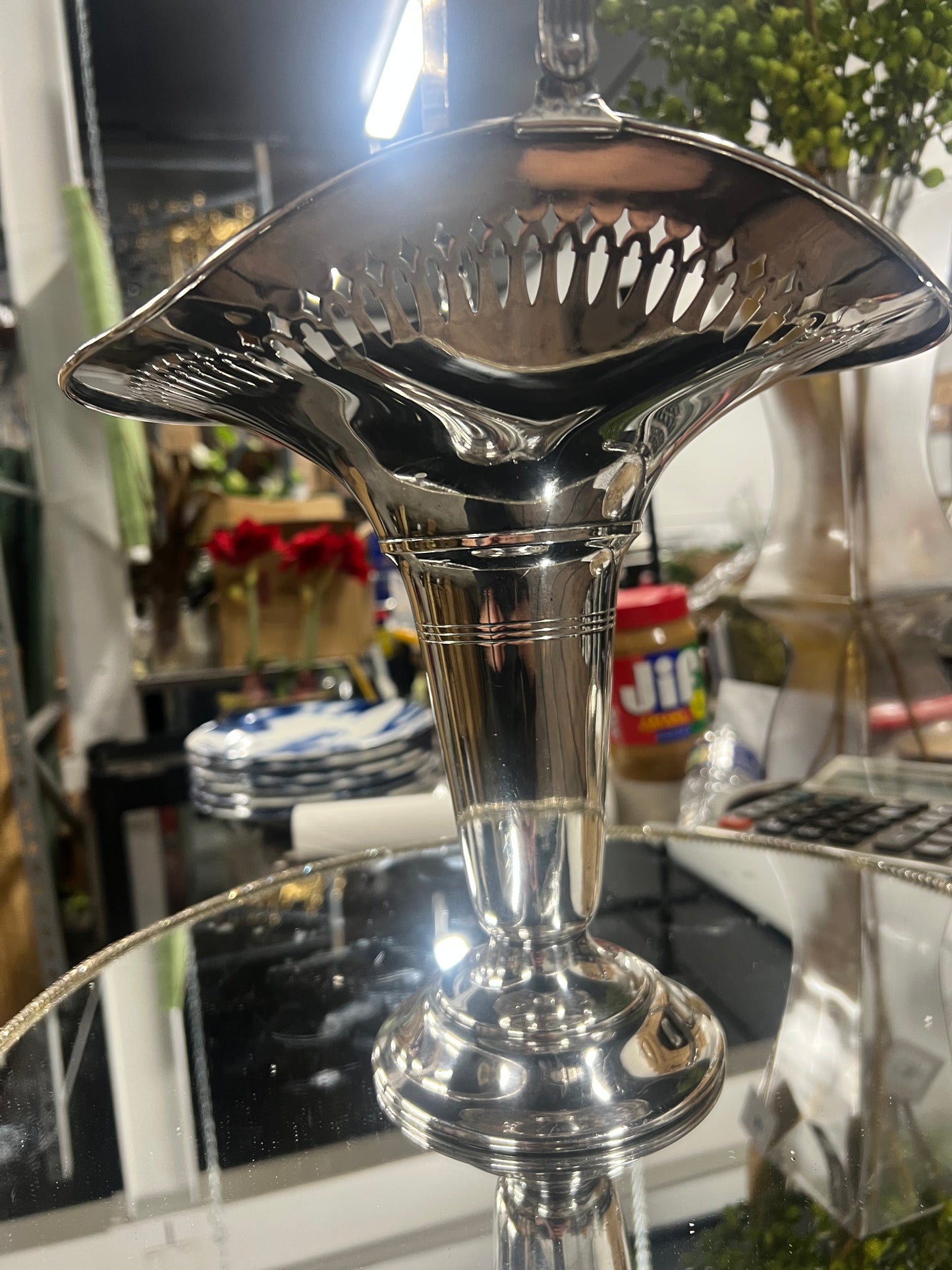 Vintage Silver-Plated Pedestal Bridal Basket with Handle Vase