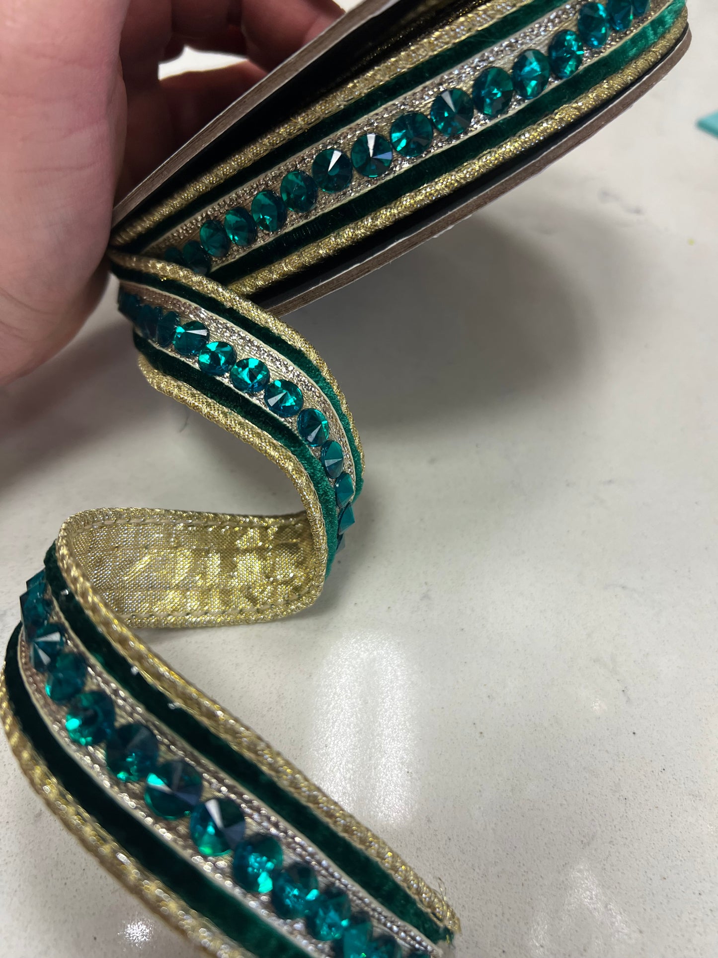 Hunter Green jeweled, Plush velvet metallic back wired edge ribbon