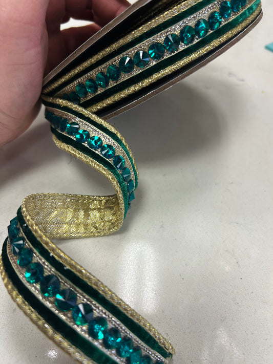Hunter Green jeweled, Plush velvet metallic back wired edge ribbon