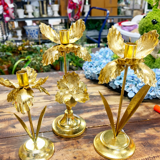 Gold flowers on candle holder set of 3