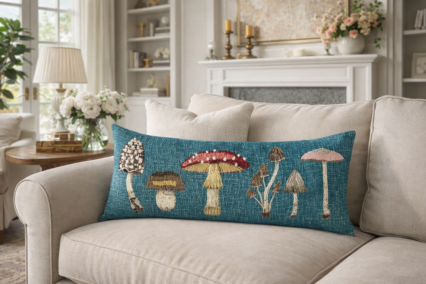 Cotton lumbar pillow with mushroom and embroidery