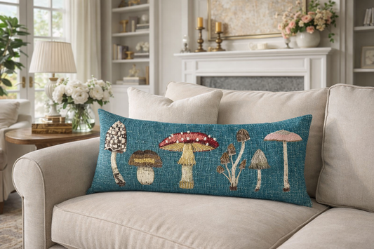 Cotton lumbar pillow with mushroom and embroidery