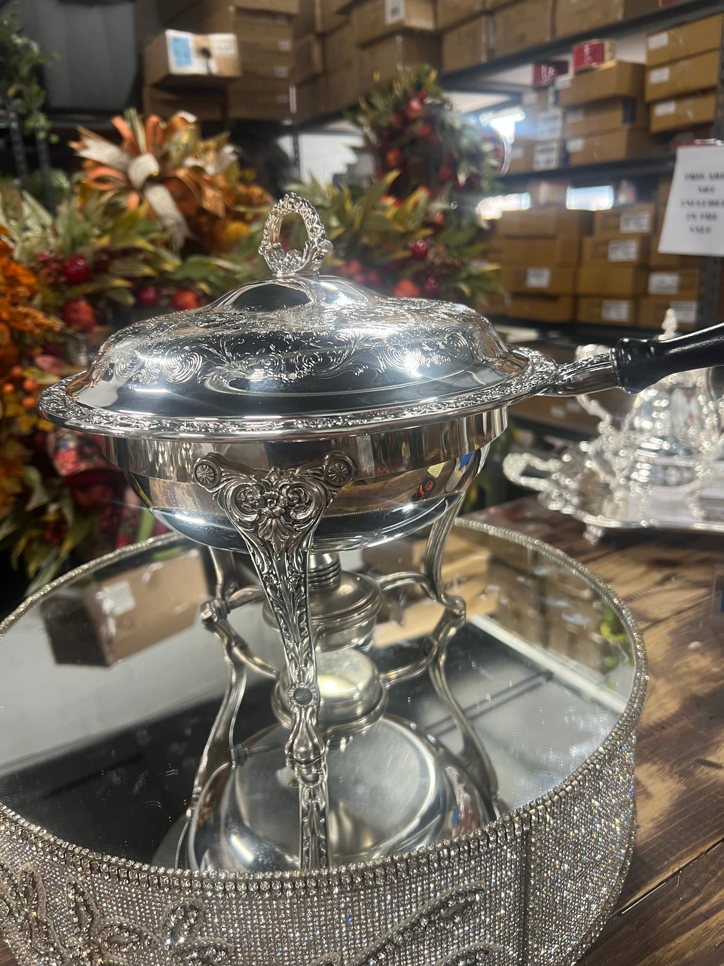 Vintage Silver-Plated Chafing Dish (Broke Burner Arm) as pictured