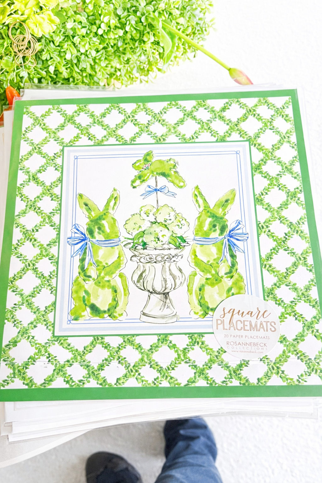 Handpainted Bunny Topiaries Square Paper Placemats 20 per pack