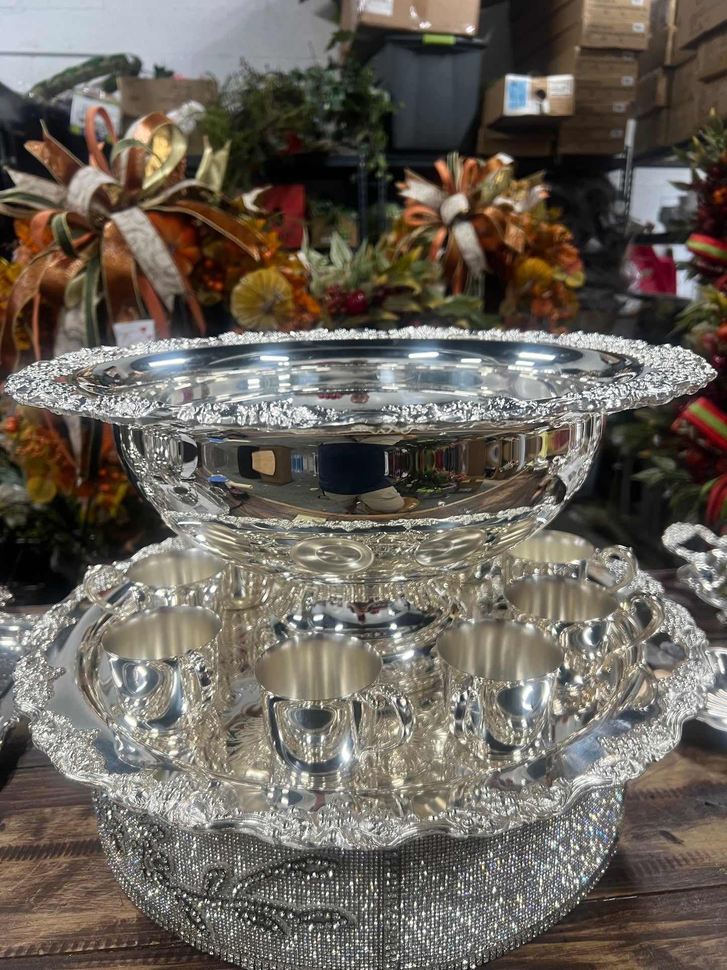 Vintage silver plated punch bowl with tray and 10 cups