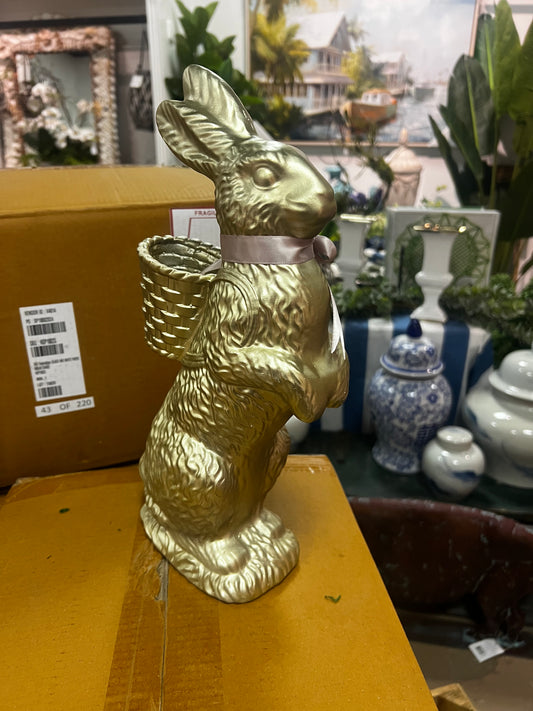 14 inch resin metallic gold bunny with basket