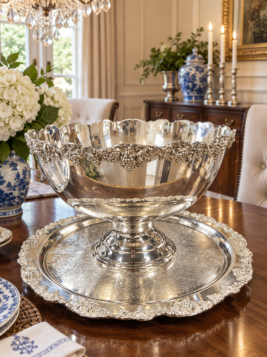Vintage Silver Plated Towle Punch Bowl and Tray (6)