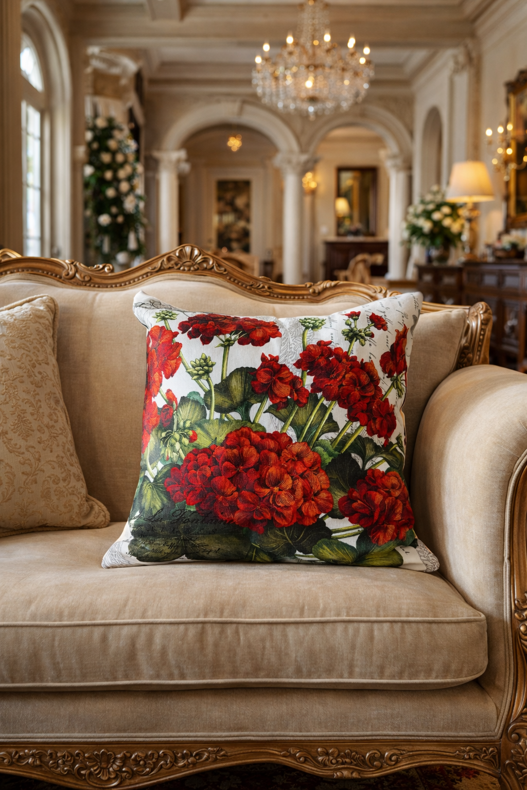 Red geranium, indoor outdoor cushion pillow