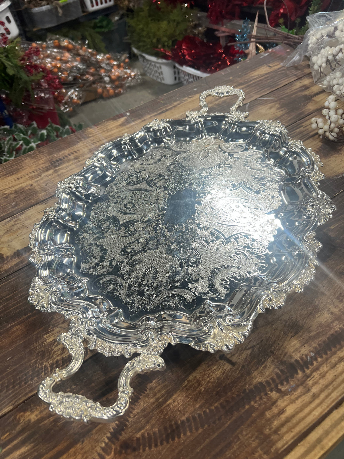 Vintage Silver-Plated Footed Tray with Handles (6)