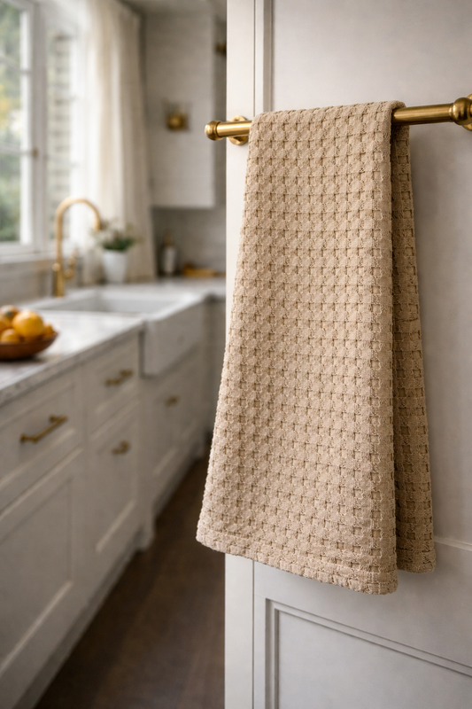 Tan, Oversized Stonewashed Cotton Waffle Weave Tea Towel