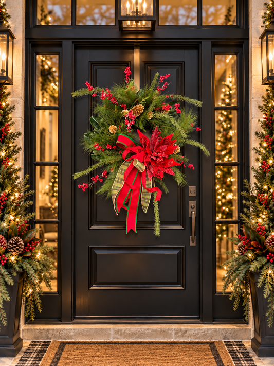 Holiday Splendor Poinsettia & Pine Door Wreath