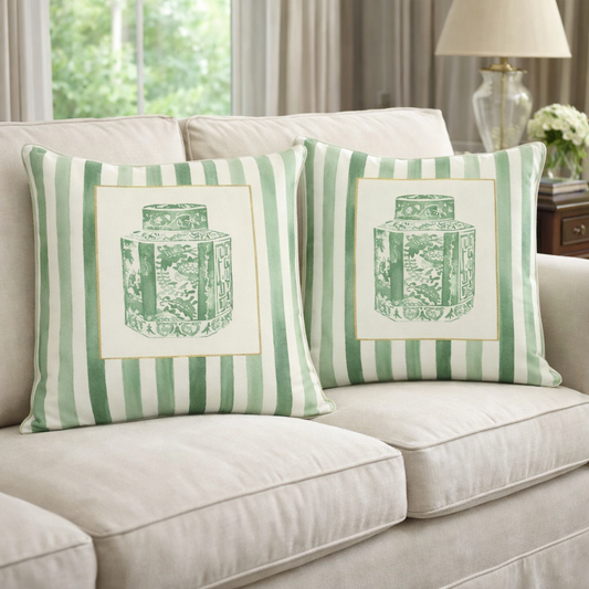Set of 2 Green And White Pillow (octagonal vase)