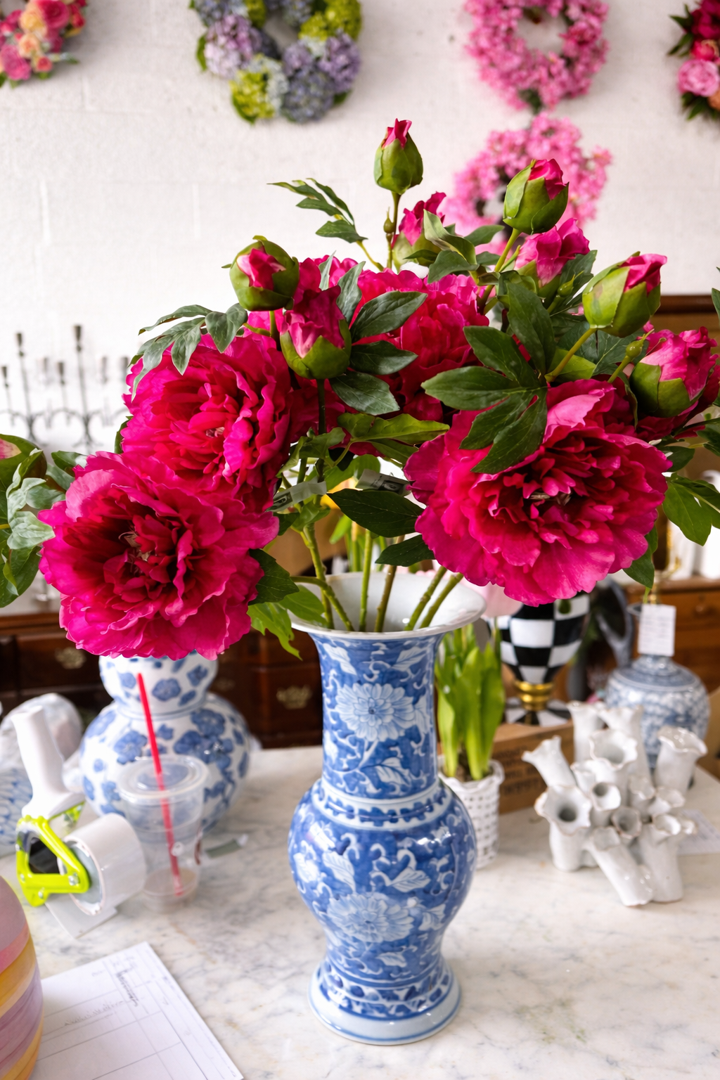 Contessa Peony Real Touch Hot Pink Stem