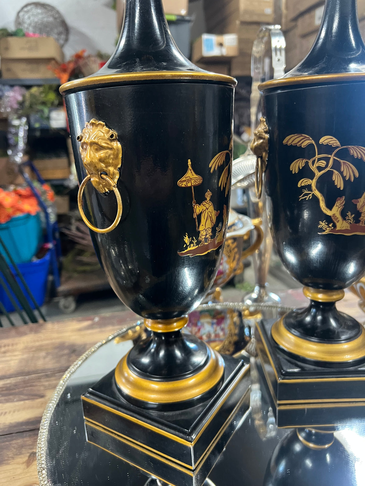 Set of 2 Black-and-Gold Chinoiserie Chestnut Urns