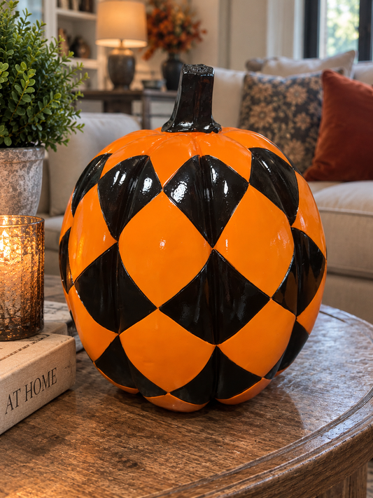 11 in Black & Orange Check Resin Pumpkin
