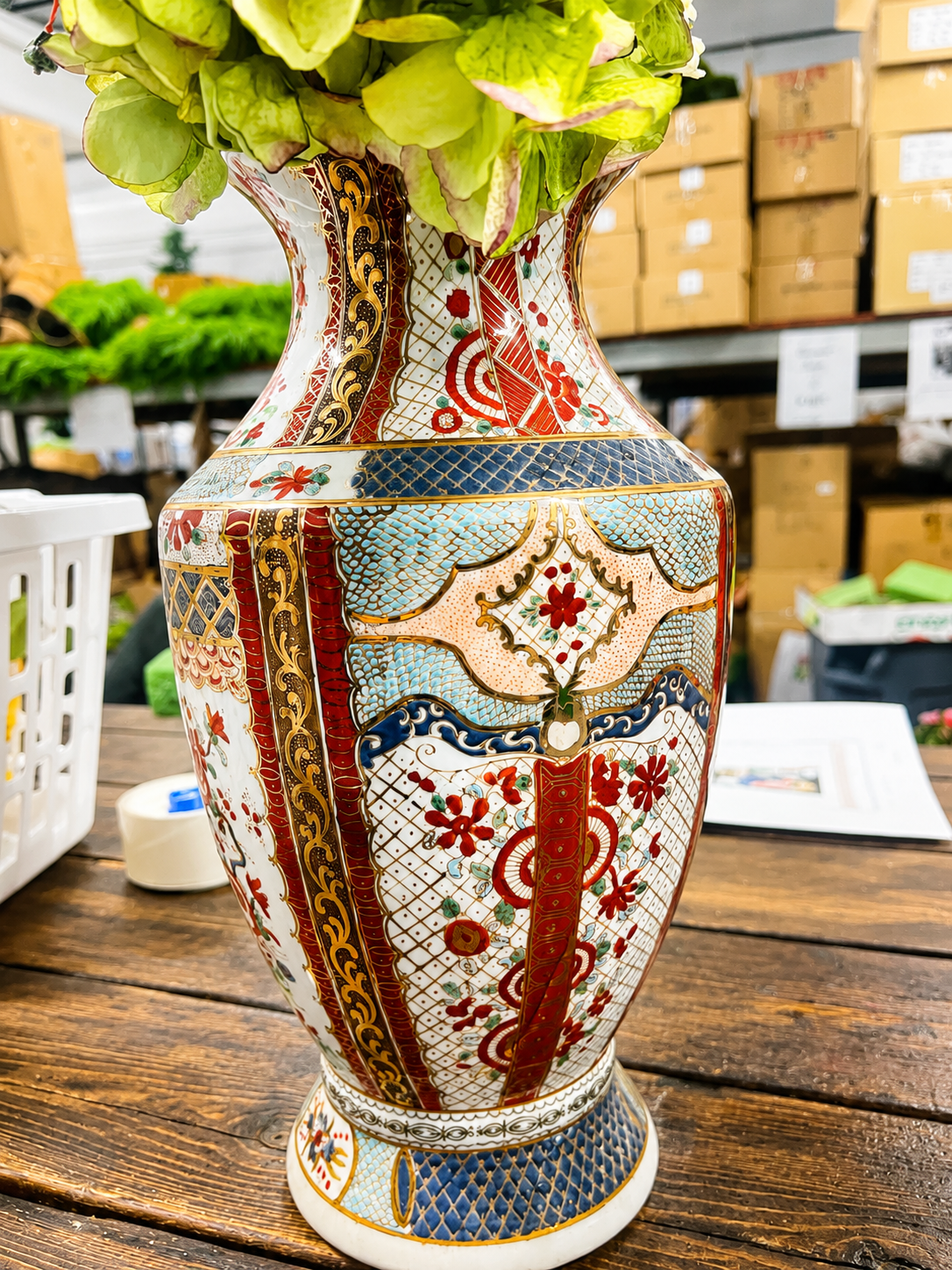 Set of 2 Antique Porcelain Vase with     Protea Garden Arrangement