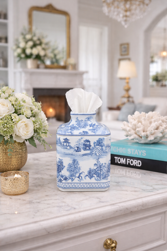 Blue & White Porcelain Chinoiserie Square Tissue Box