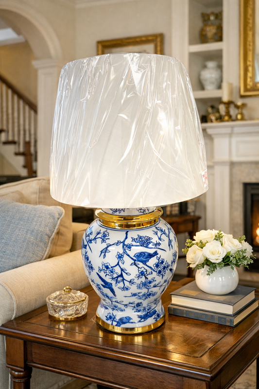 Blue and White Chinoiserie Birds Table Lamp, Gold Trim