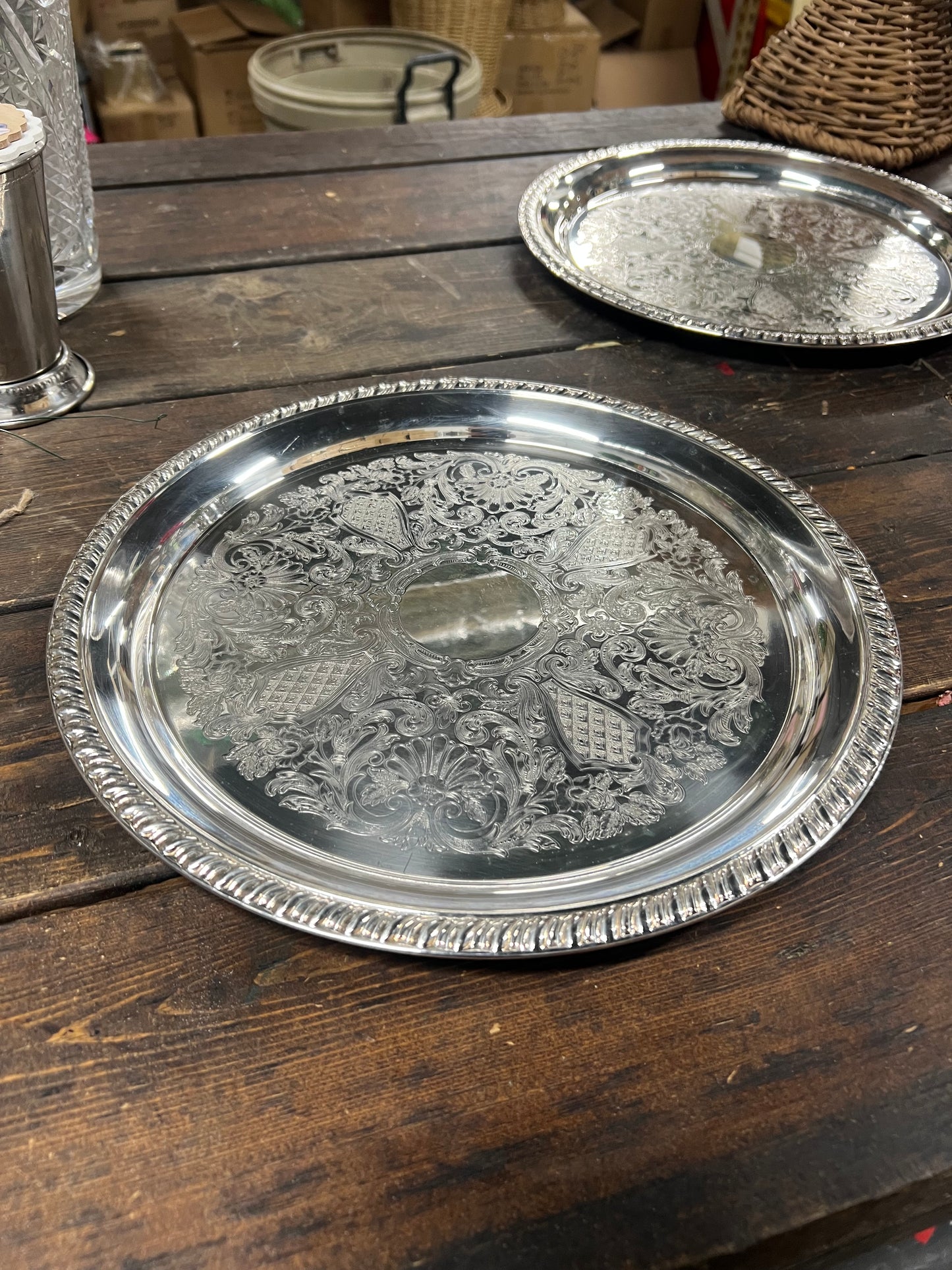 12” Vintage Silver-Plated Round Tray