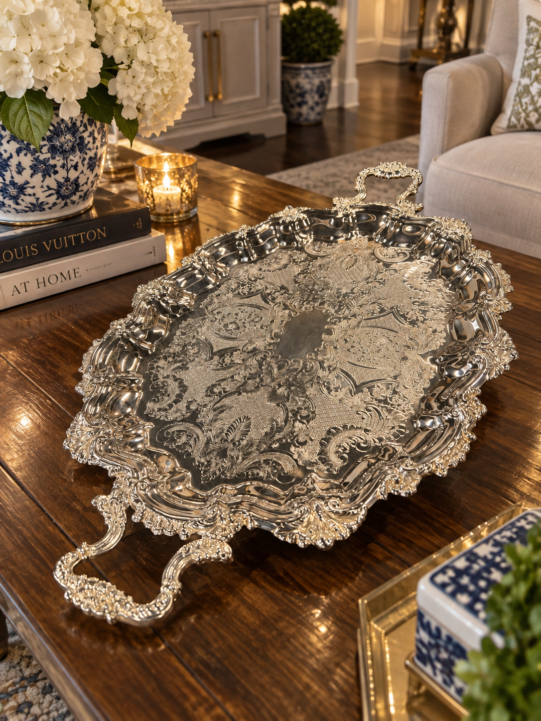 Vintage Silver-Plated Footed Tray with Handles (6)
