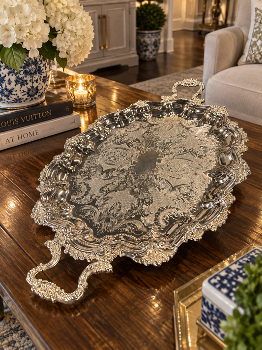Vintage Silver-Plated Footed Tray with Handles (6)