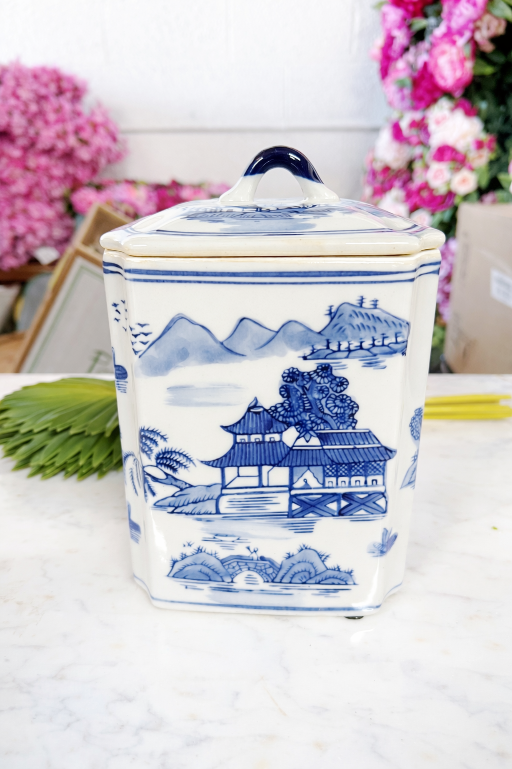 Blue and White Chinoiserie Rectangular Jar With Lid