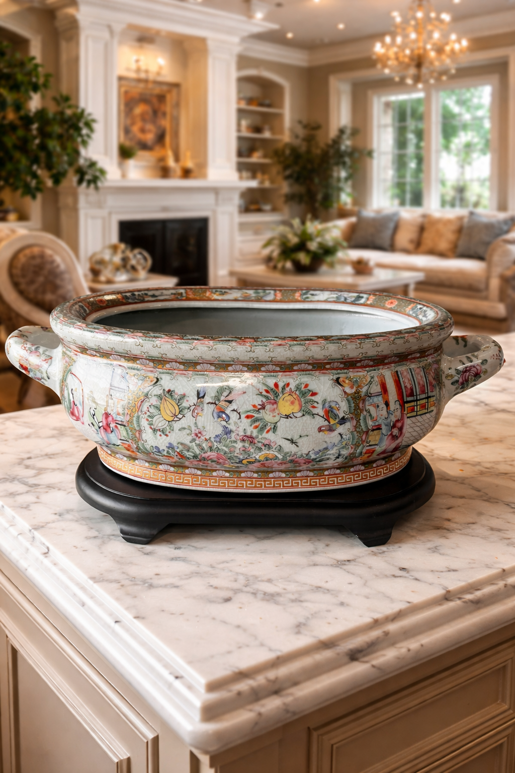 Rose medallion porcelain container with Handles