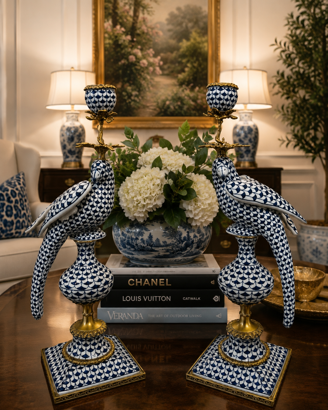 Set of 2 Porcelain Blue and White Bird Candle Holder