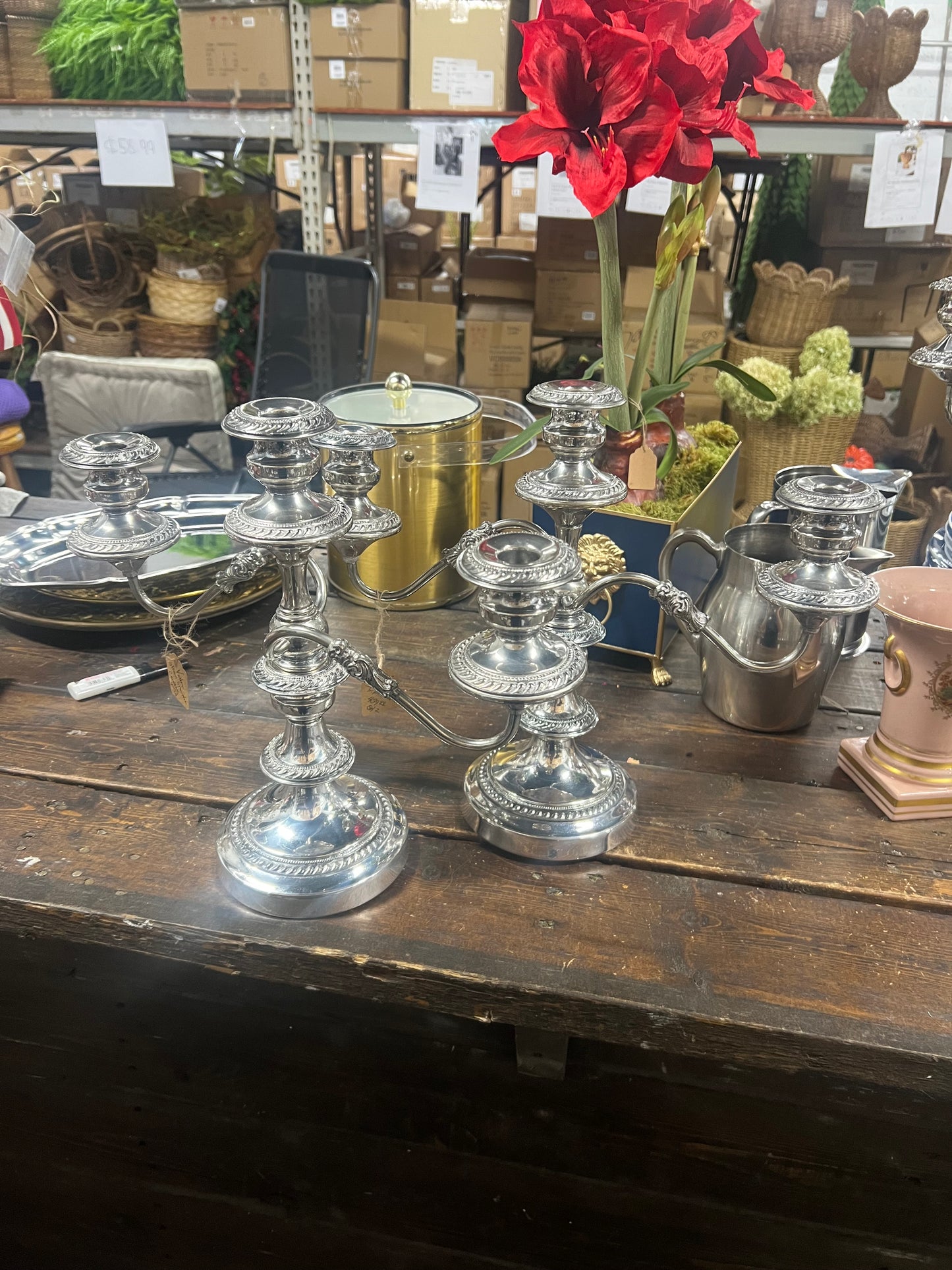 Set of 2 Vintage Silverplated triple candelabra