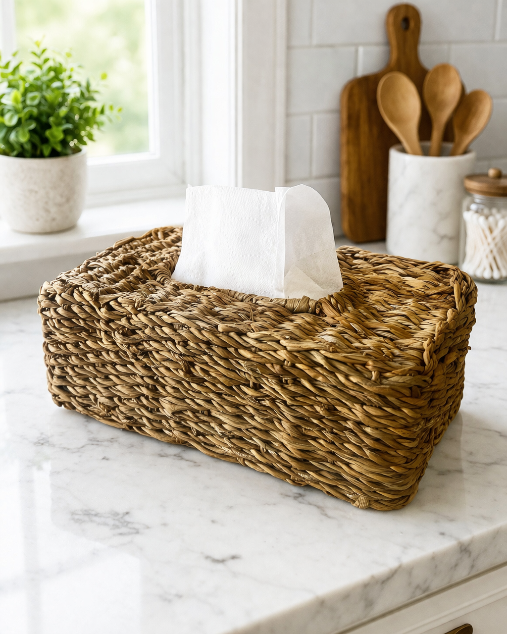 Hand woven seagrass tissue box cover