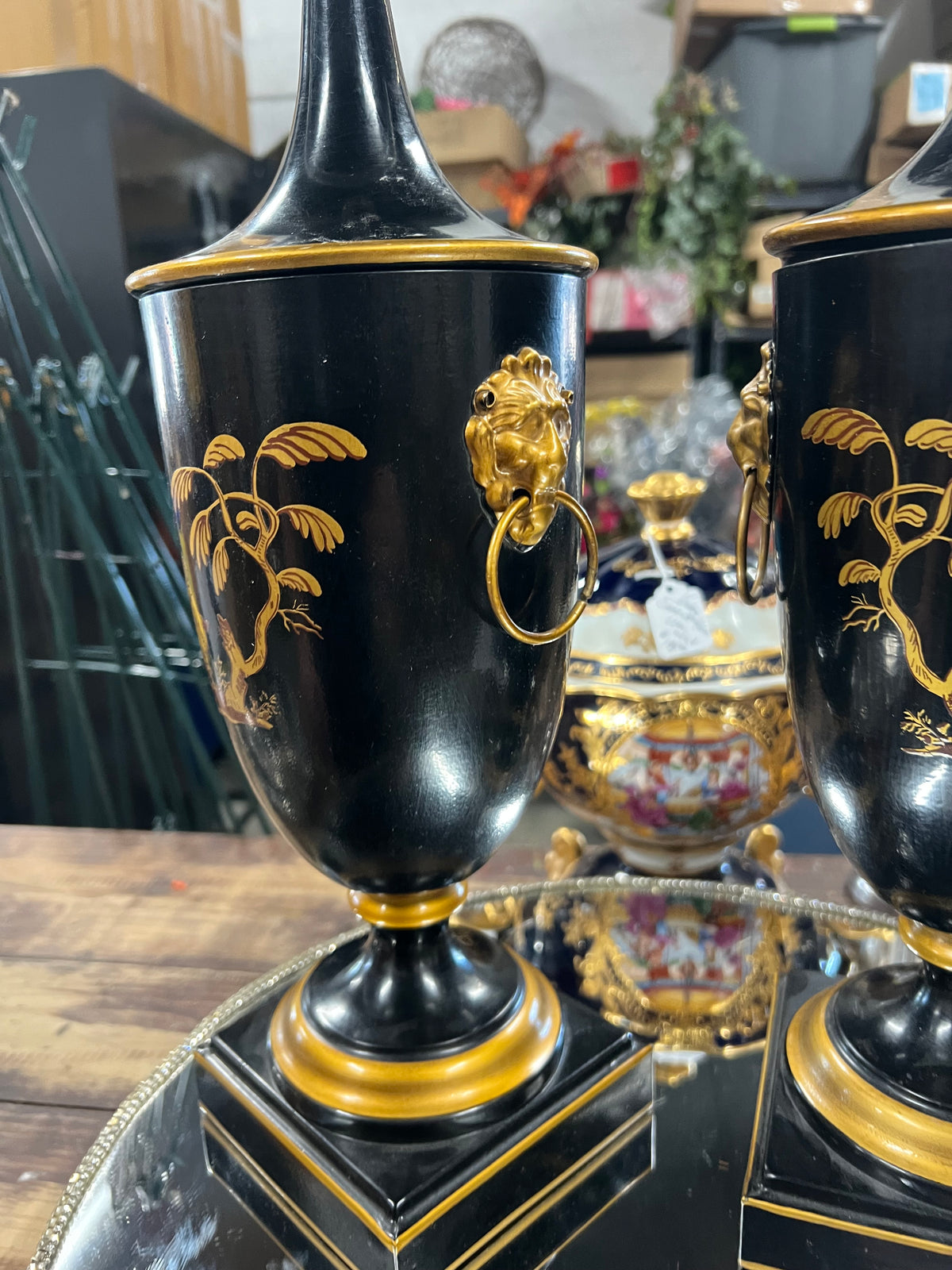 Set of 2 Black-and-Gold Chinoiserie Chestnut Urns