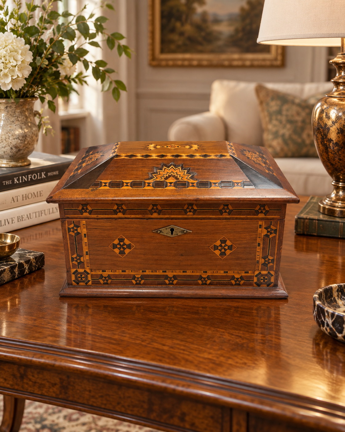 Vintage Marquetry Inlaid Wooden Jewelry Box