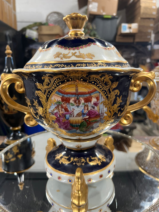 Vintage Cobalt Blue & Gold Urn with Lid