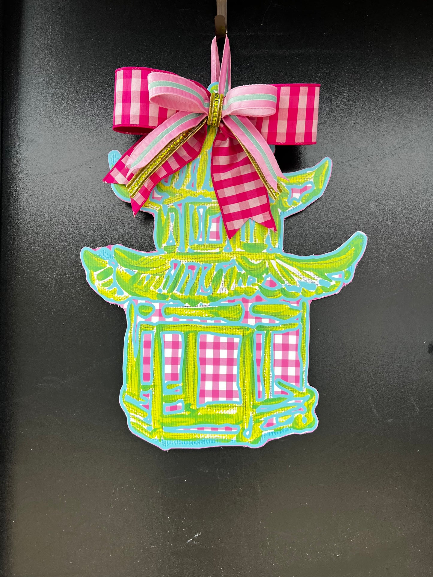 Green and Pink Gingham Door Hanger with Designer Bow