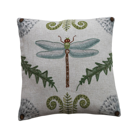 Square Linen Blend Pillow with Dragonfly, Botanicals & Embroidery
