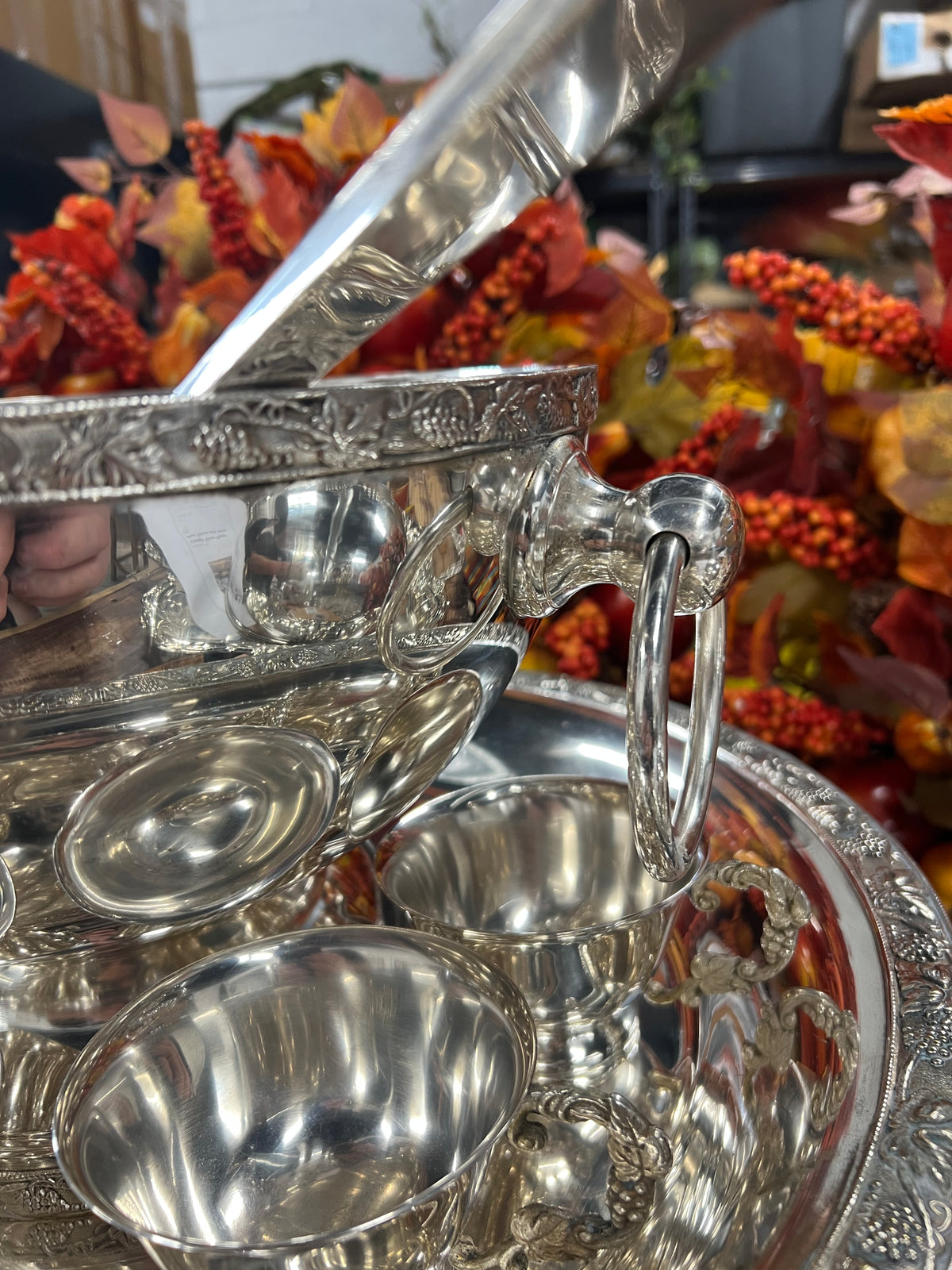Vintage Silver-Plated Punchbowl with 12 Cups,  Tray and Ladle
