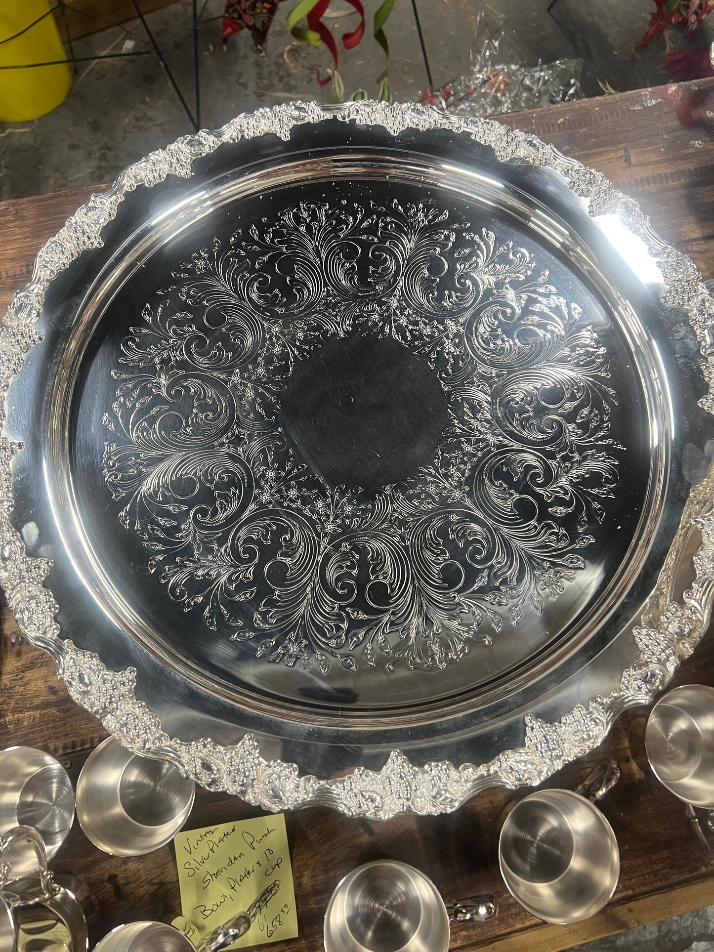 Vintage silver plated punch bowl with tray and 10 cups