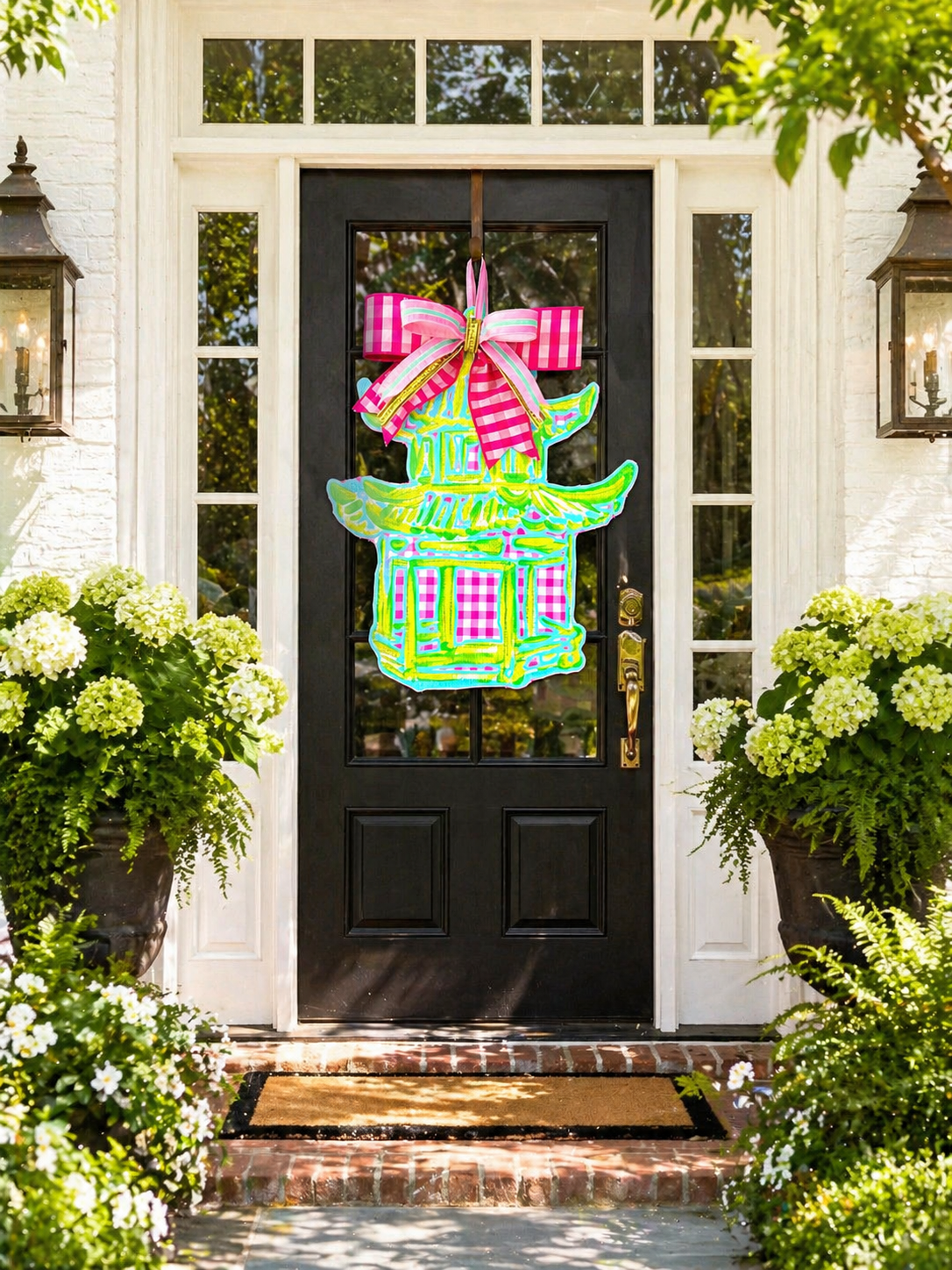 Green and Pink Gingham Door Hanger with Designer Bow
