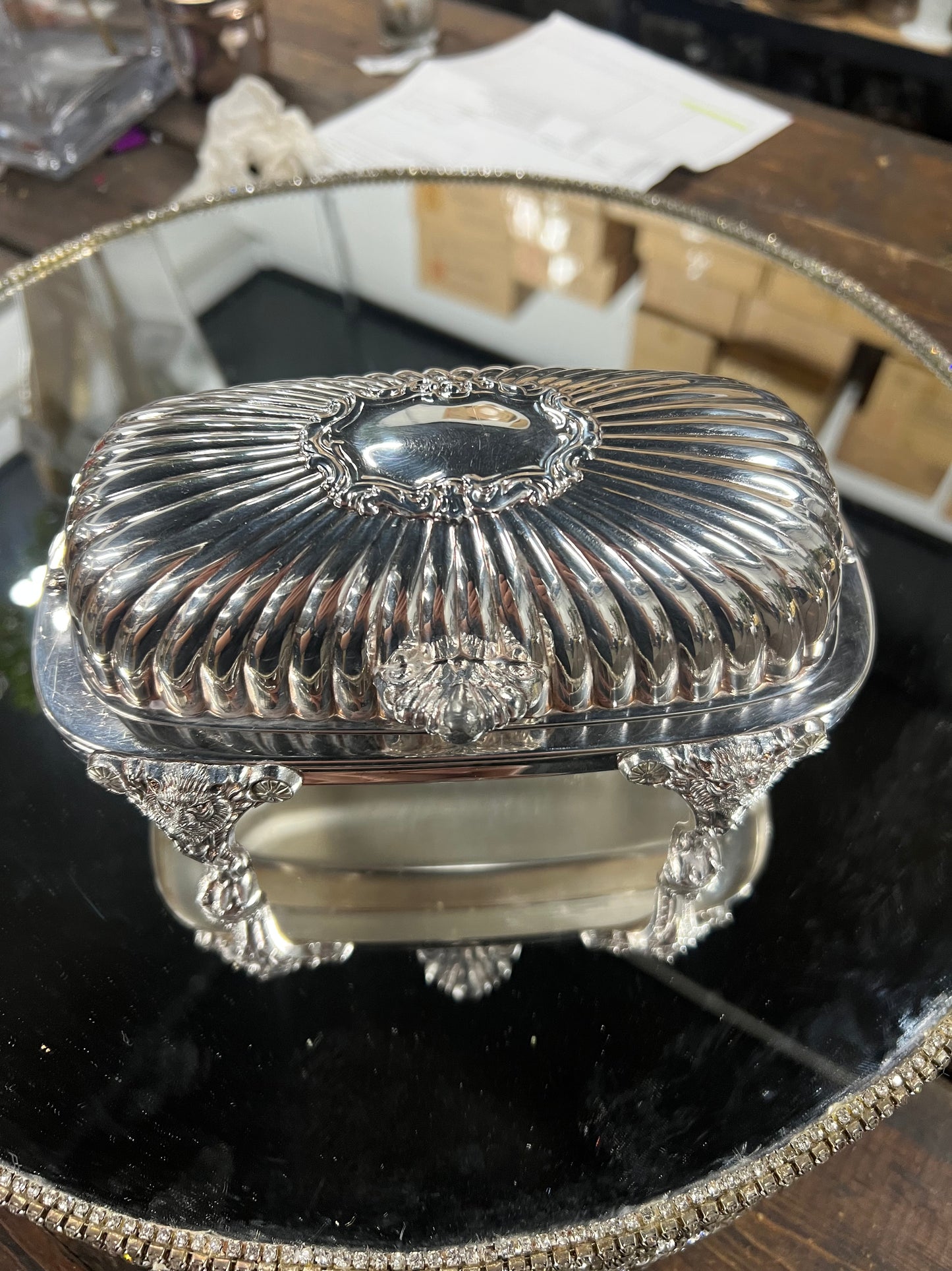 Vintage Silver Plated, Roll-Top Butter Dish with Lions Feet