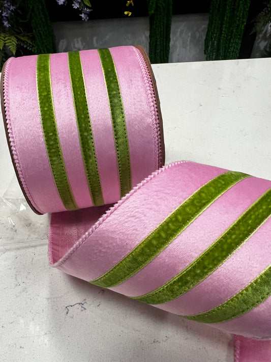 Pink with Green Trim Velvet Wired Edge Ribbon
