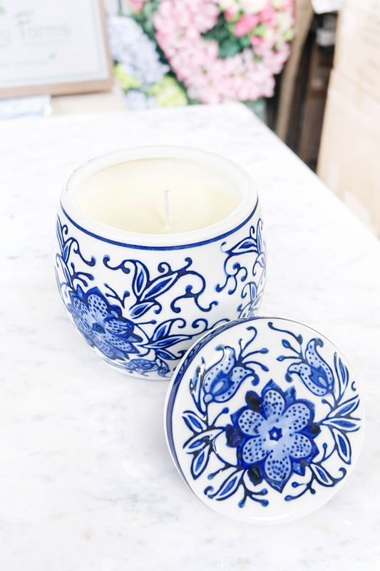 Blue and White Chinoiserie 8 Ounce Candle with Lid
