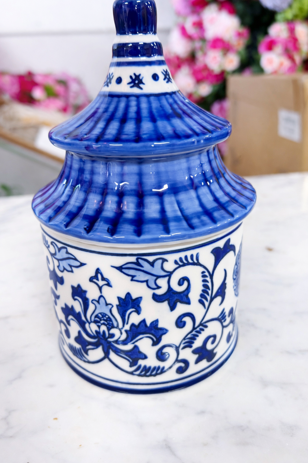 Blue and White Chinoiserie Plumeria Candle with Lid