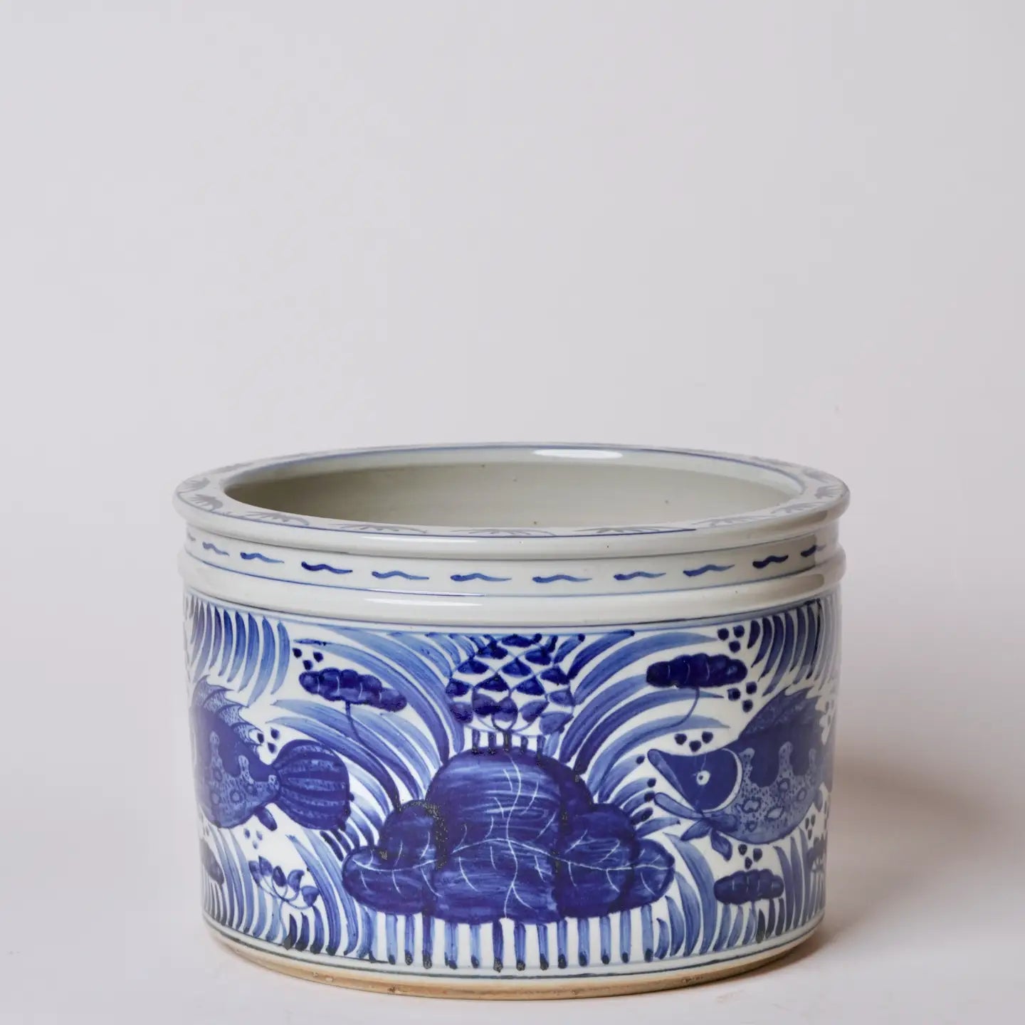 Blue and White Porcelain Fish and Lotus Wide Cachepot