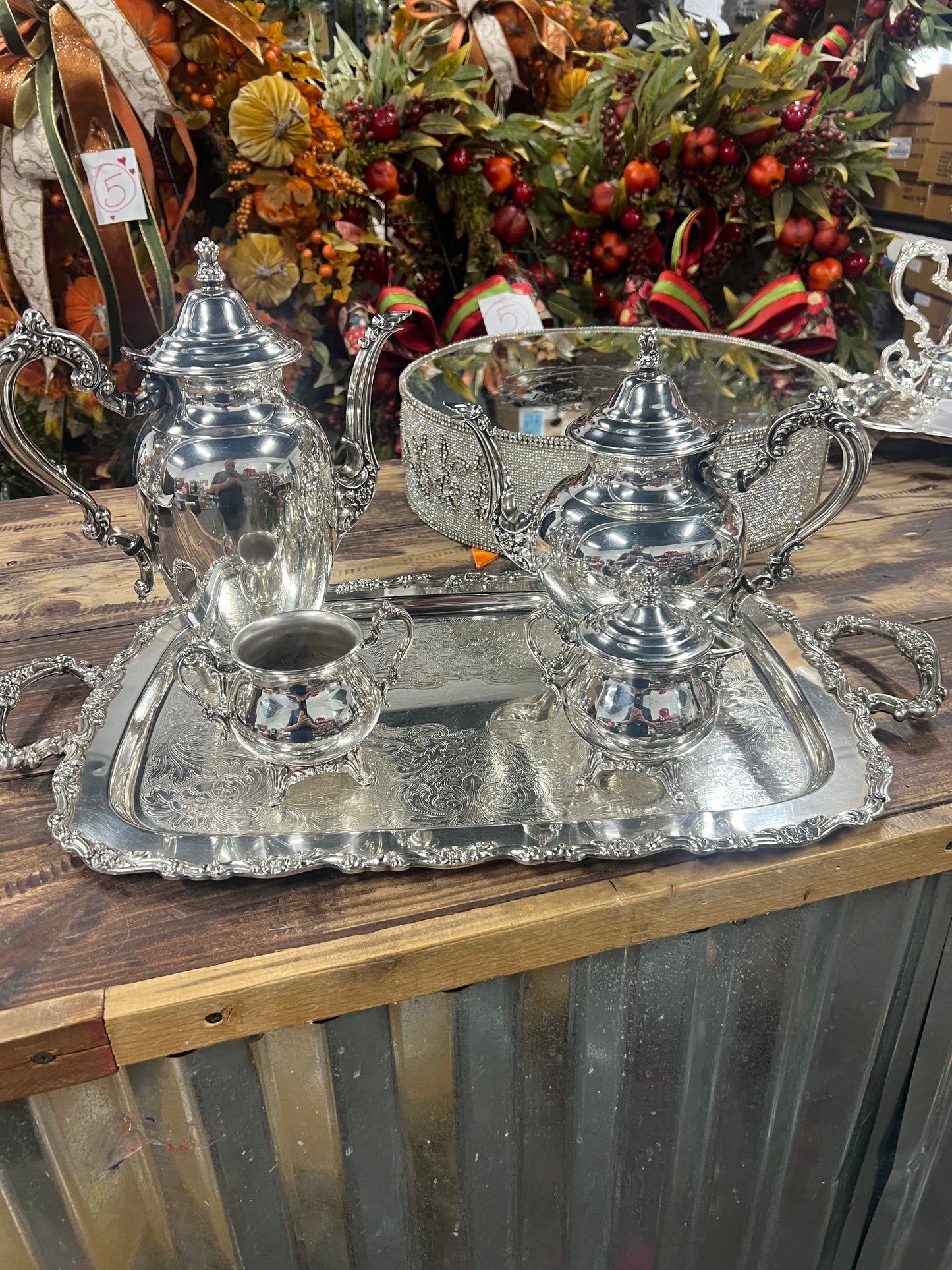5 Piece Vintage Silver-Plated Tea Set (#5) (Lid is Detached as Pictured)