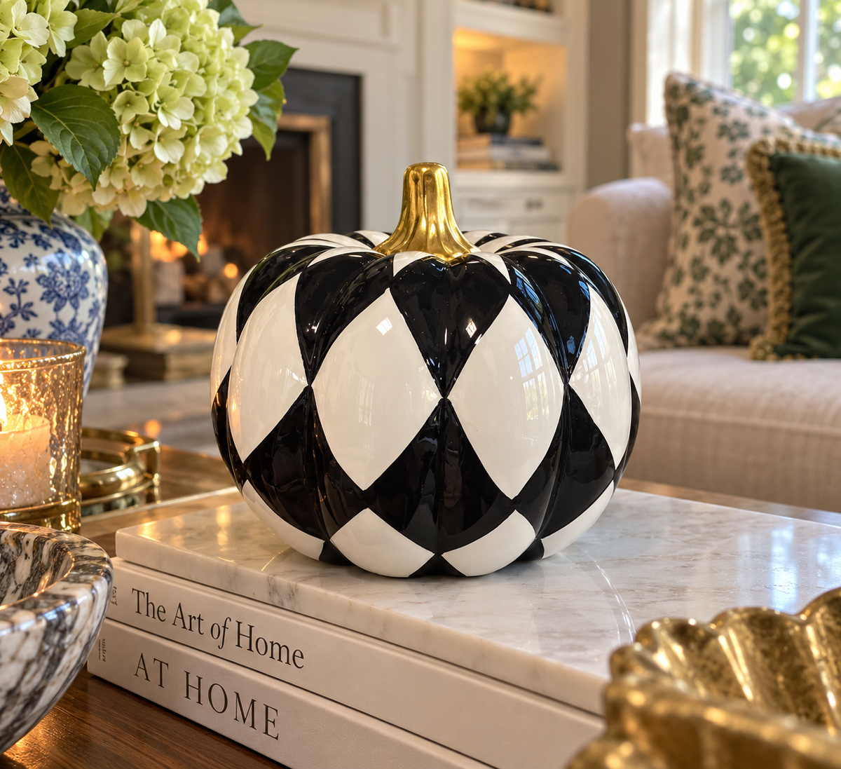 7” Black and white ceramic pumpkin with Gold Stem