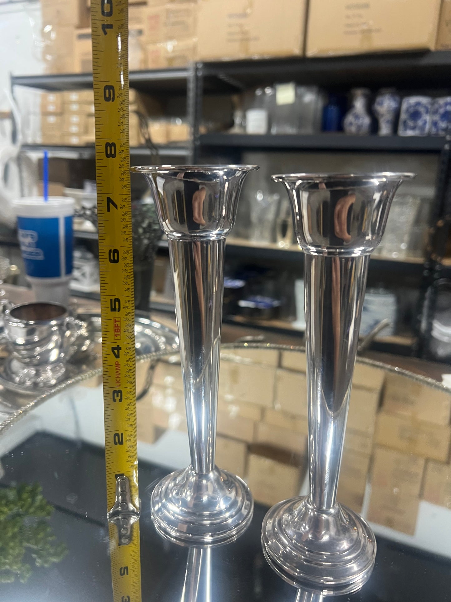 7 1/2” Set of 2 Vintage Silver-Plated Trumpet Vase