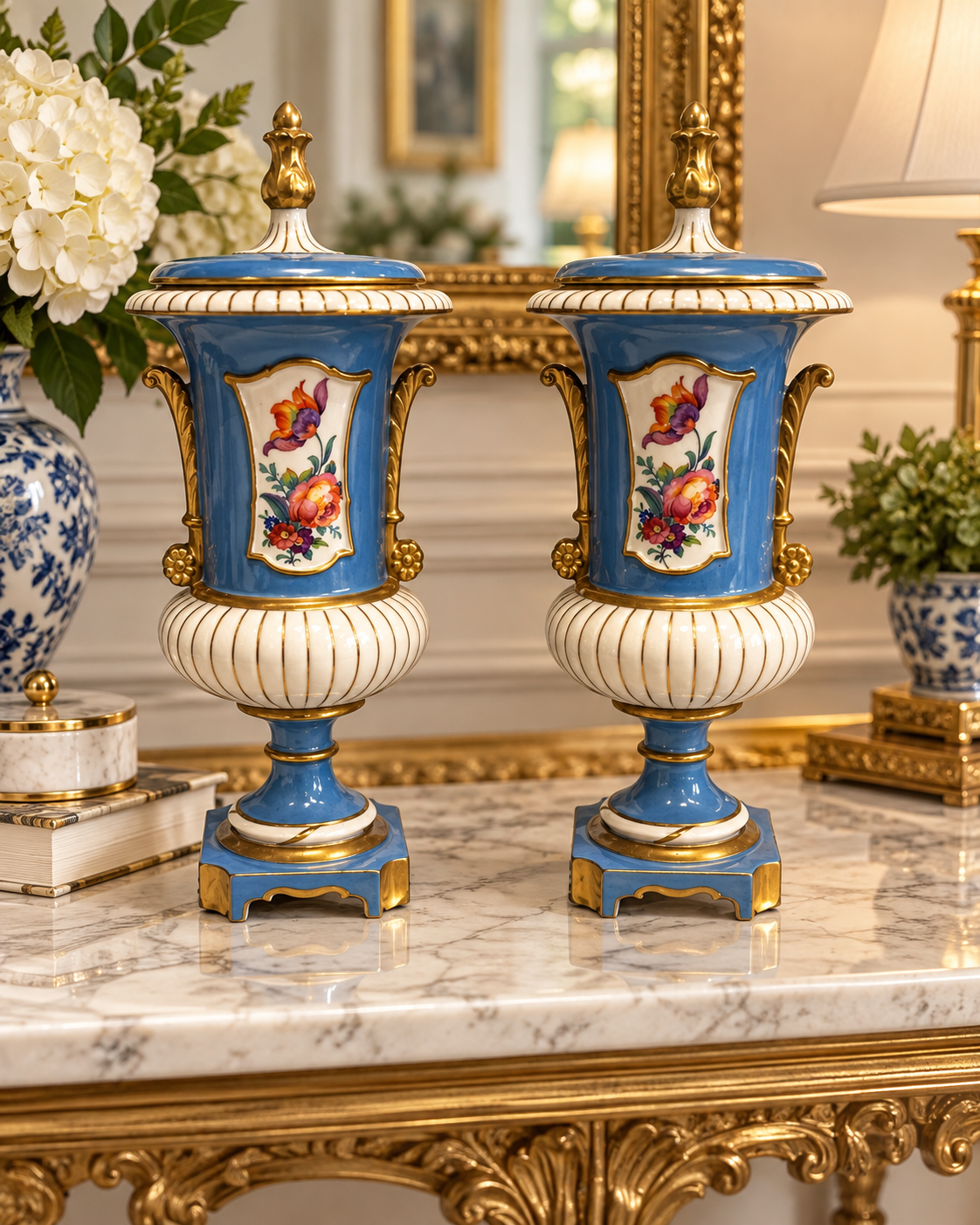 Vintage Set of 2 Blue Floral Urns