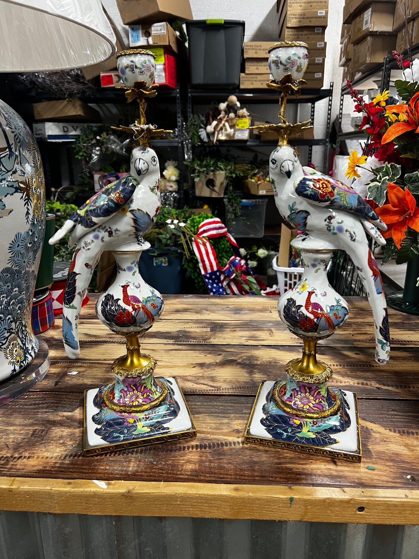 Set of 2 Porcelain Tobacco Leaf Bird Candle Holder ￼