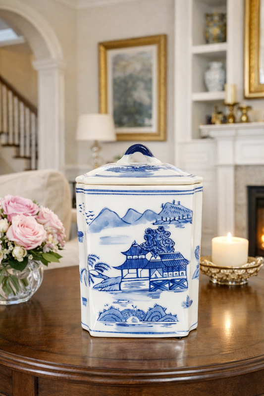 Blue and White Chinoiserie Rectangular Jar With Lid